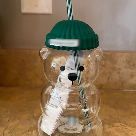 Coffee Style Inspired Bear Glass Tumbler 2025 with Knit Beanie Lid & Straw | Clear Teddy Bear Iced Coffee Cup | 20oz Holiday Gift