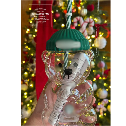 Coffee Style Inspired Bear Glass Tumbler 2025 with Knit Beanie Lid & Straw | Clear Teddy Bear Iced Coffee Cup | 20oz Holiday Gift